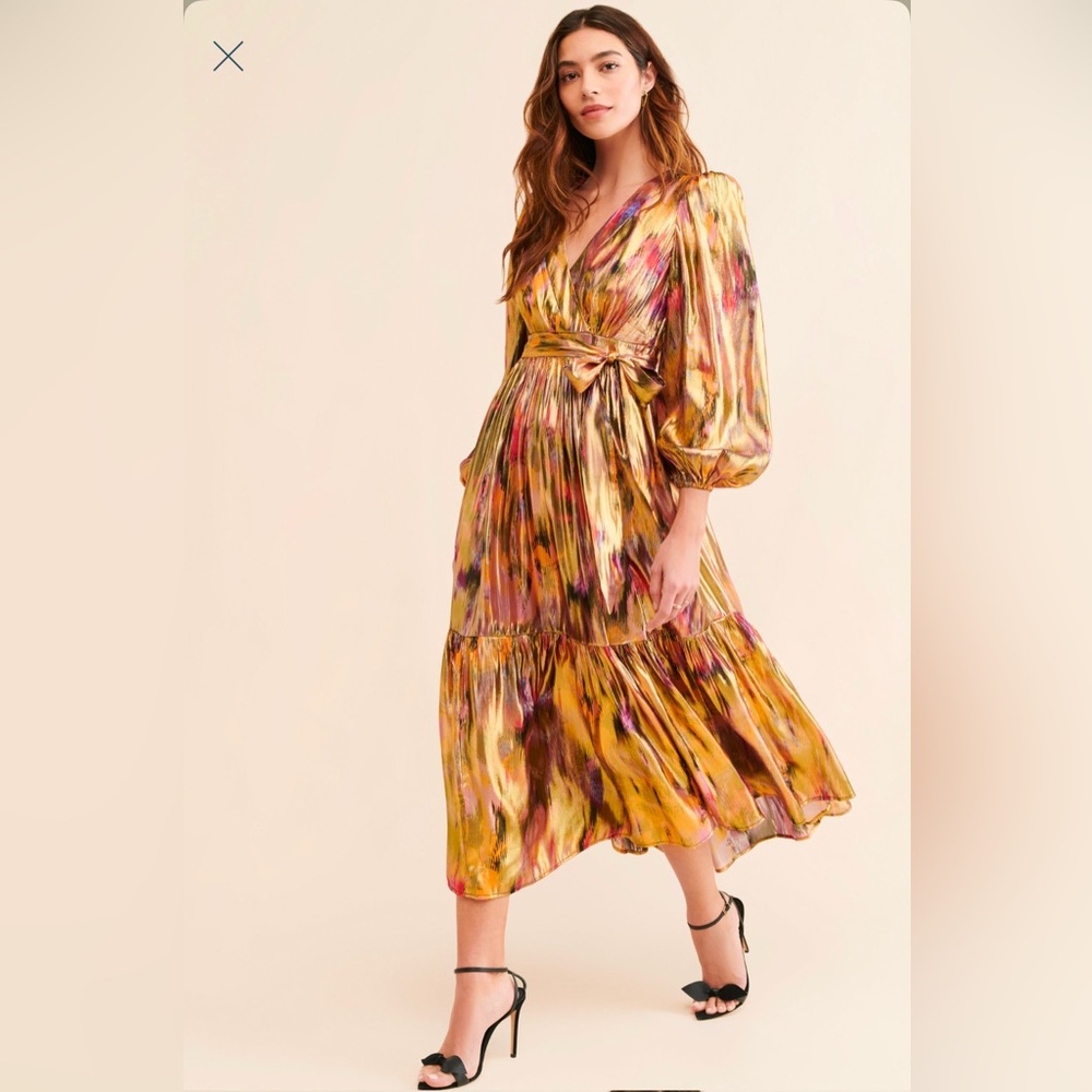 Anthropologie long sleeve v-neck metallic midi dress